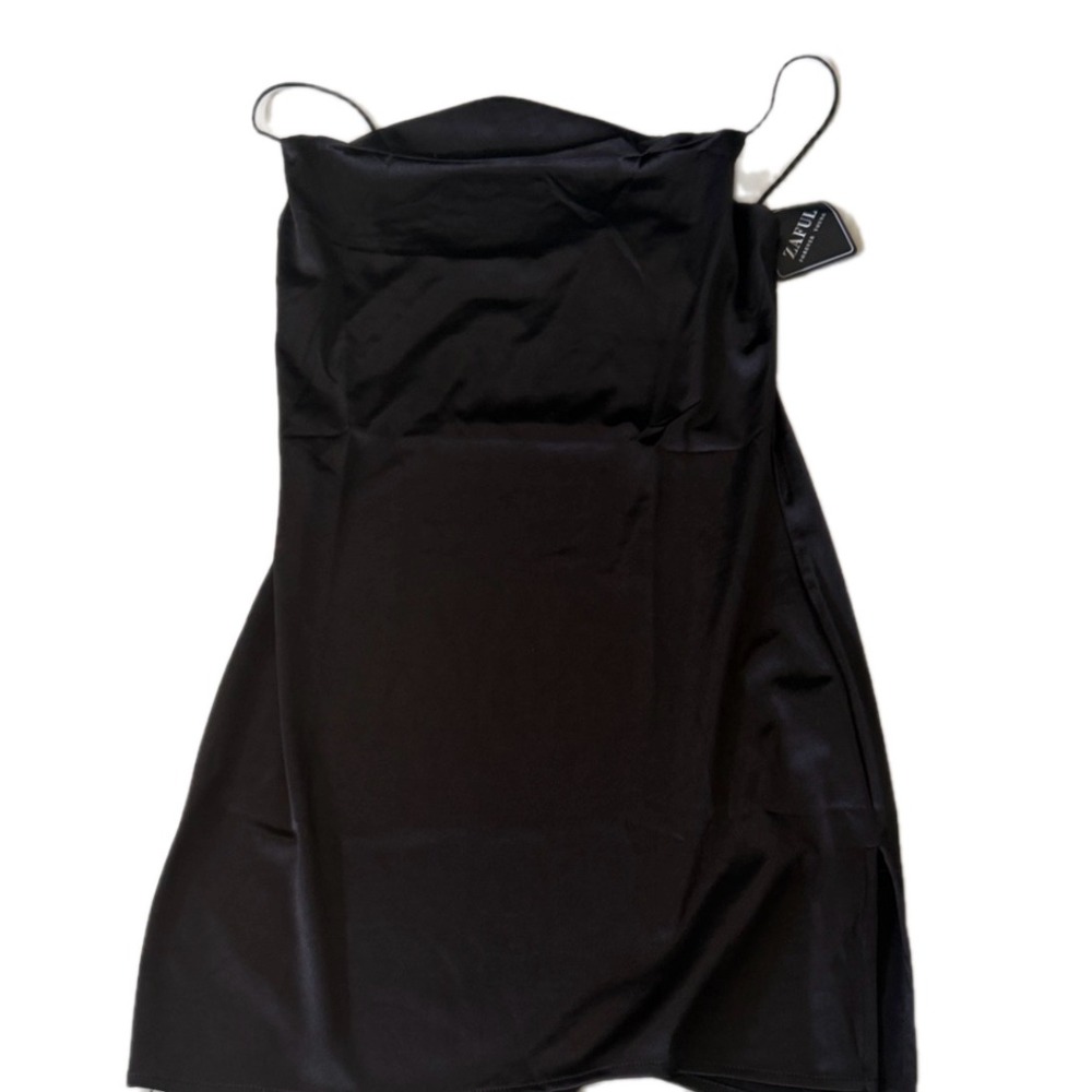 Zaful Black Satin Mini Slip Dress Cowl Neck Spaghetti Strap Side‎ Slit NWT